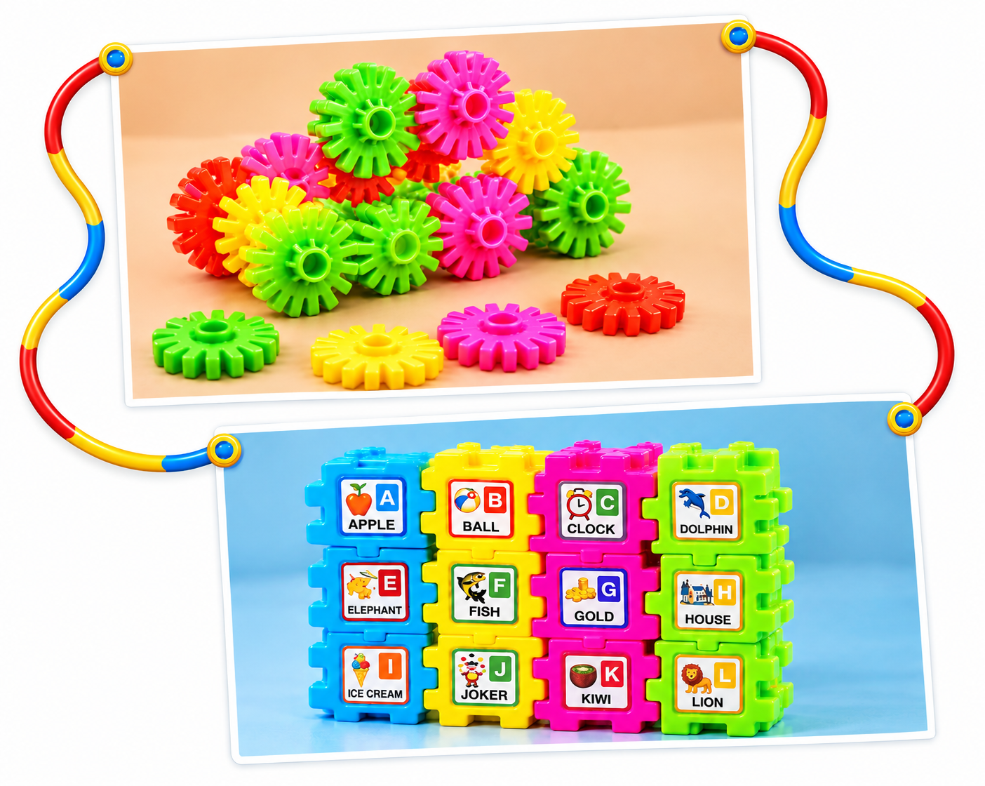 Colourful interlocking building pieces and alphabet puzzle blocks from the Golden Toys range