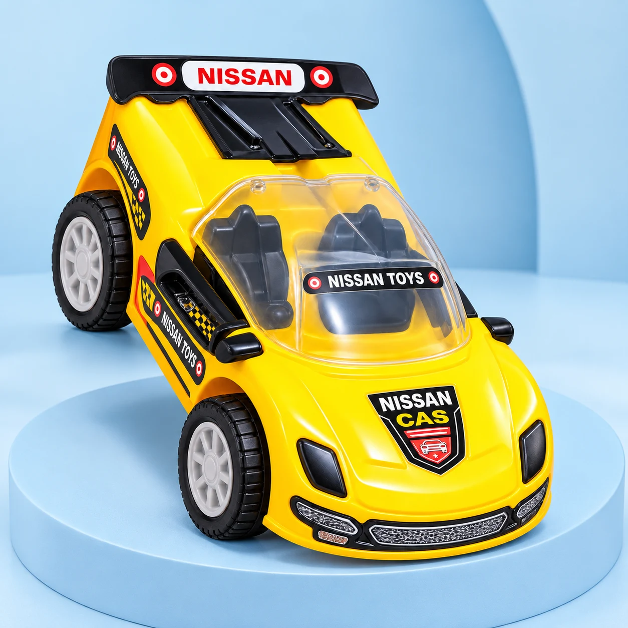 Golden Toys yellow Nissan toy car on a sky-blue studio display stand