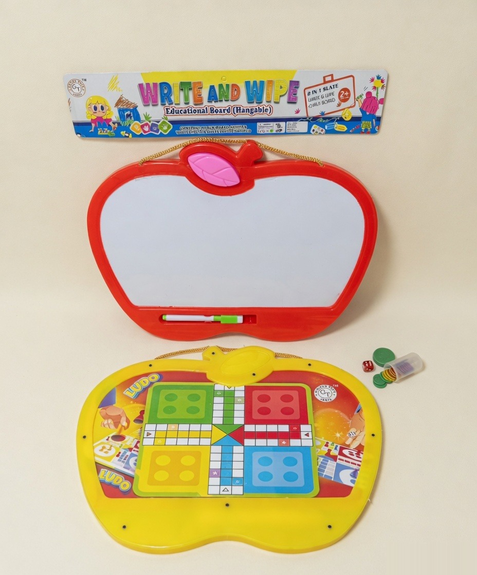 Kids Apple Write And Wipe Slate - Front and Ludo Back