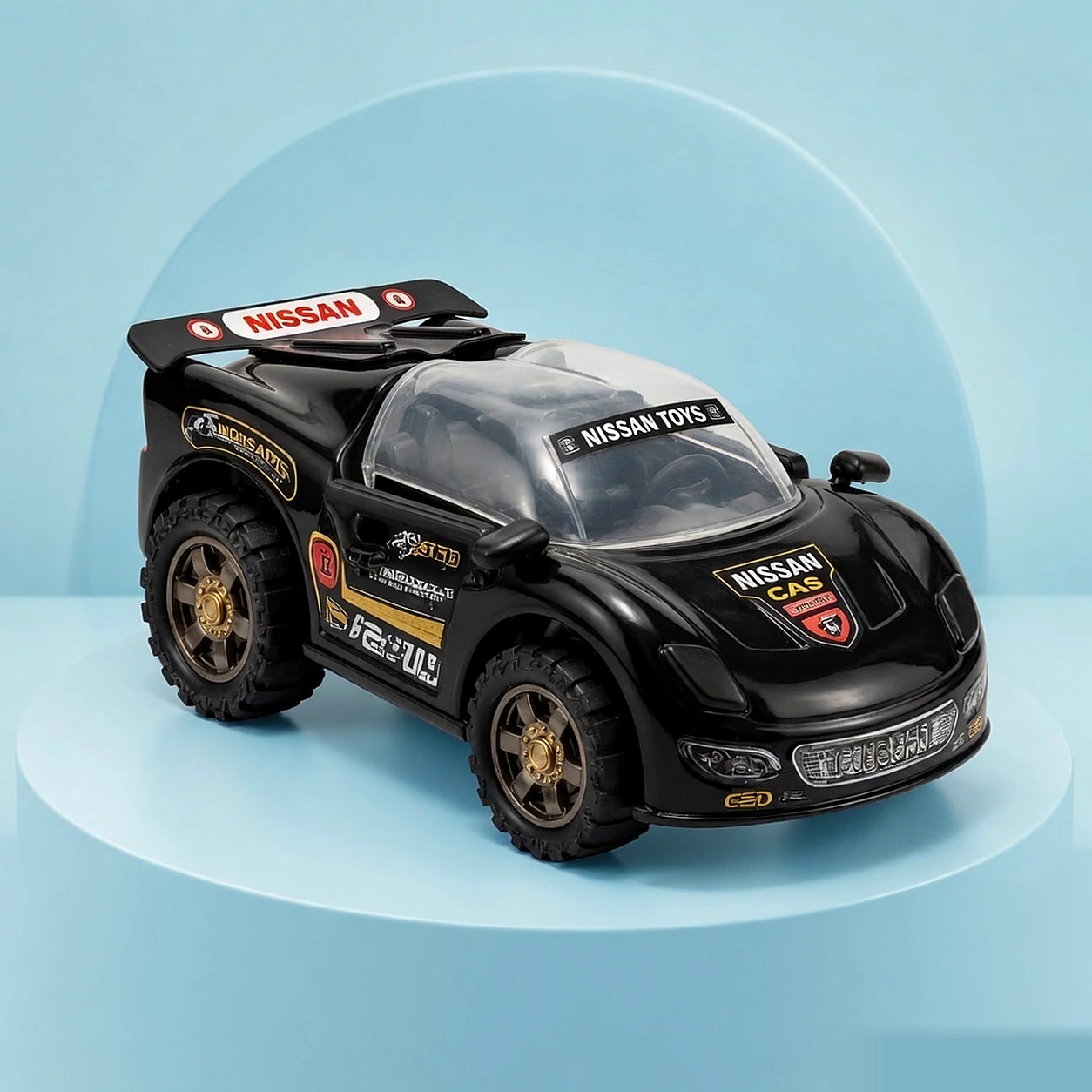 Golden Toys yellow Nissan free-wheel sports car on a blue display stand