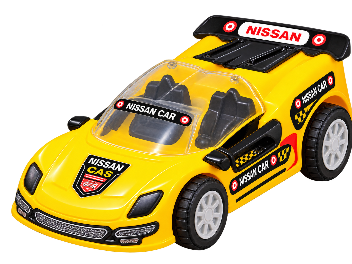 Golden Toys yellow sports toy car with Nissan Car stickers, a clear windshield and silver wheels