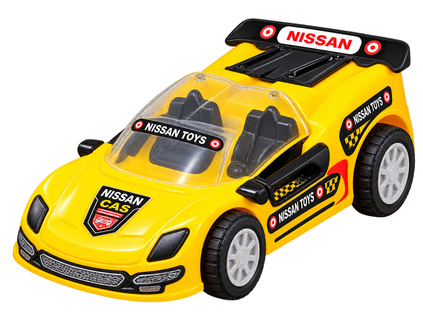 Golden Toys yellow Nissan sports toy car, facing left, with a clear windshield and silver wheels